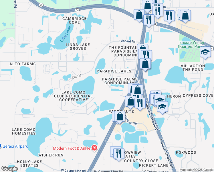 map of restaurants, bars, coffee shops, grocery stores, and more near 1781 Samurai Point in Lutz
