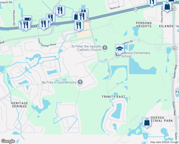 map of restaurants, bars, coffee shops, grocery stores, and more near 1726 Hadden Hall Place in Trinity