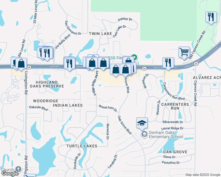 map of restaurants, bars, coffee shops, grocery stores, and more near 24220 Denali Court in Lutz