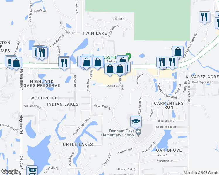 map of restaurants, bars, coffee shops, grocery stores, and more near 24246 Denali Court in Lutz
