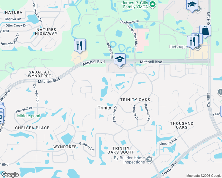 map of restaurants, bars, coffee shops, grocery stores, and more near 1673 Percheron Drive in Trinity
