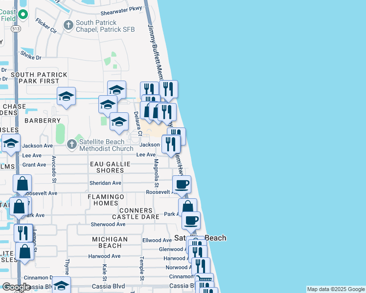 map of restaurants, bars, coffee shops, grocery stores, and more near 1095 Florida A1A in Satellite Beach