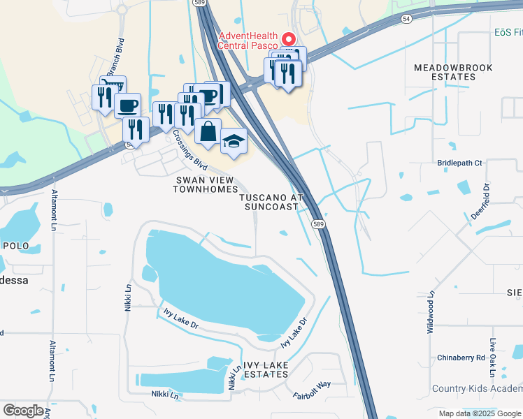 map of restaurants, bars, coffee shops, grocery stores, and more near 1710 Villa Capri Circle in Odessa