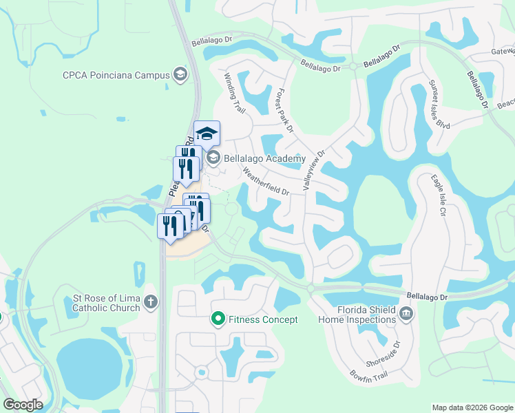 map of restaurants, bars, coffee shops, grocery stores, and more near 3711 Greencrest Court in Kissimmee
