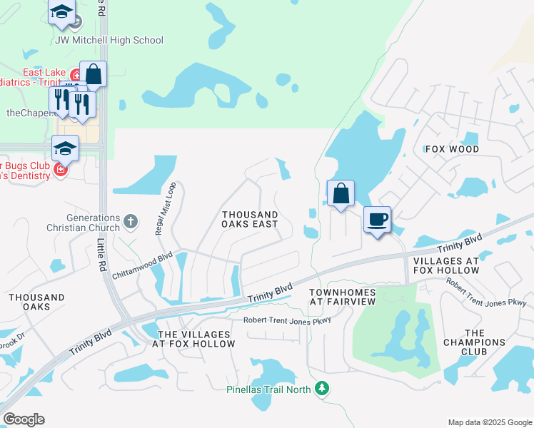 map of restaurants, bars, coffee shops, grocery stores, and more near 1644 Pink Guara Court in Trinity