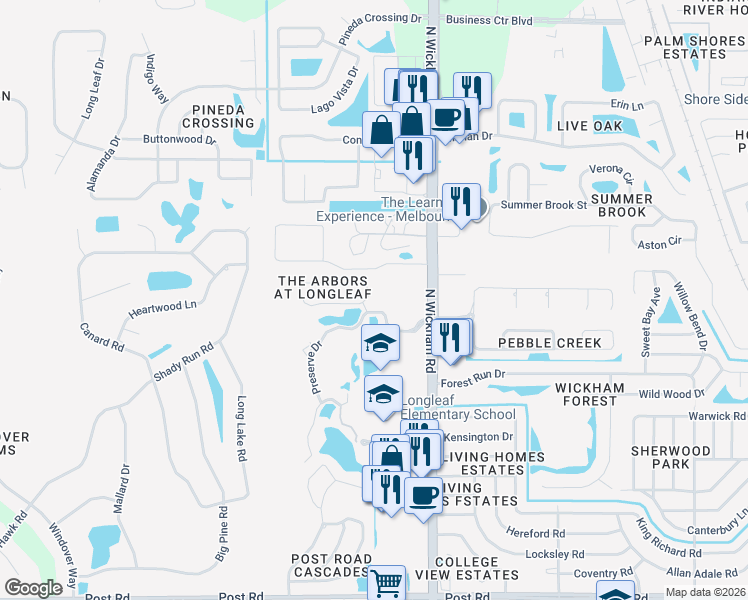 map of restaurants, bars, coffee shops, grocery stores, and more near 3106 Arden Circle in Melbourne