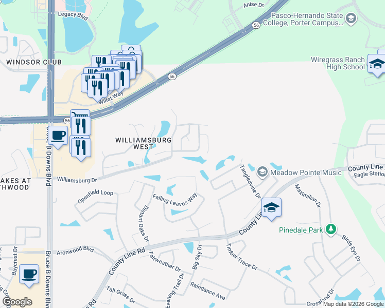 map of restaurants, bars, coffee shops, grocery stores, and more near 1826 Tupelo Lane in Zephyrhills