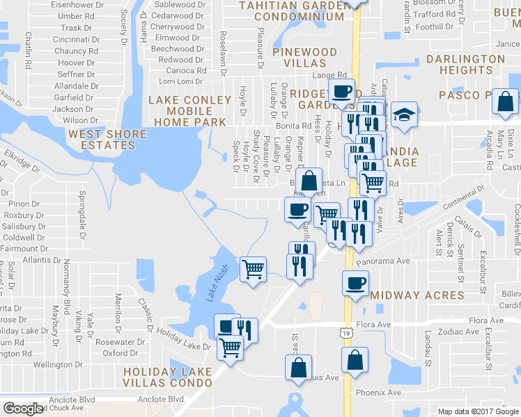 map of restaurants, bars, coffee shops, grocery stores, and more near 1650 Aqua Lane in Holiday