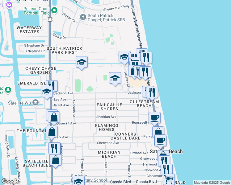 map of restaurants, bars, coffee shops, grocery stores, and more near 300 Jackson Avenue in Satellite Beach