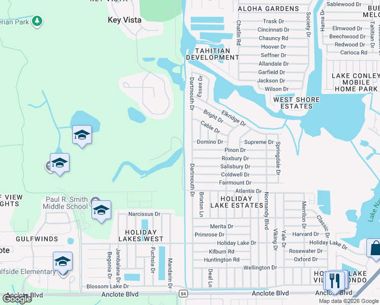 map of restaurants, bars, coffee shops, grocery stores, and more near 1701 Dartmouth Drive in Holiday