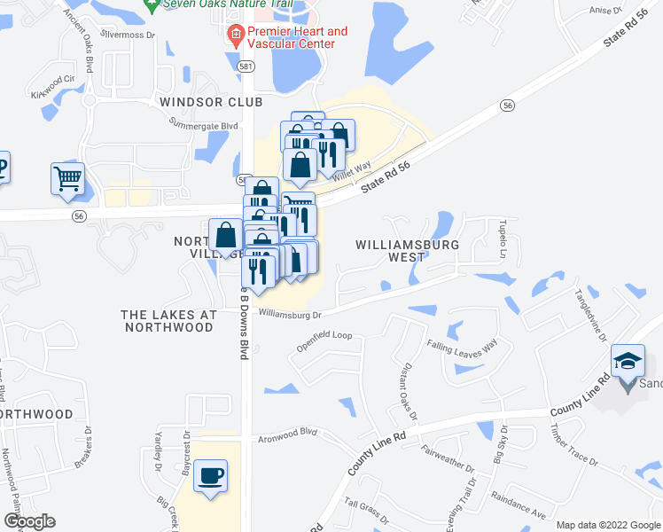 map of restaurants, bars, coffee shops, grocery stores, and more near 1823 Thornwood Court in Zephyrhills
