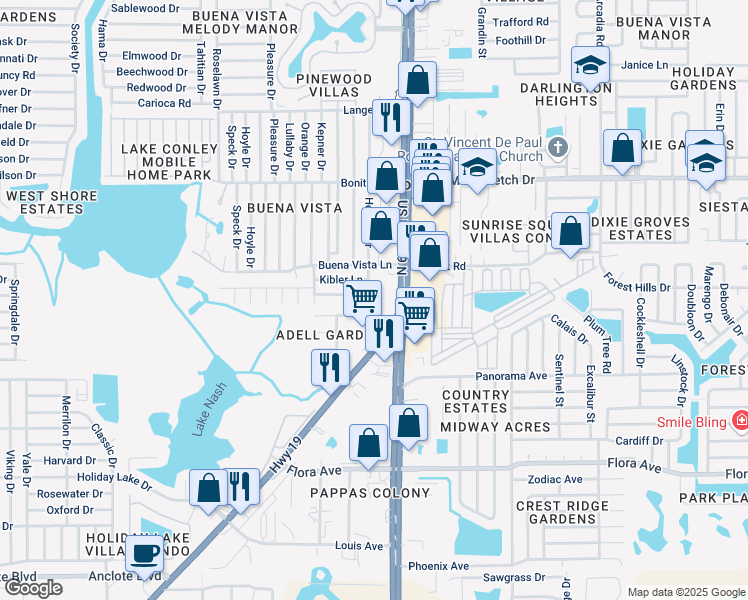 map of restaurants, bars, coffee shops, grocery stores, and more near 1702 Holiday Drive in Holiday