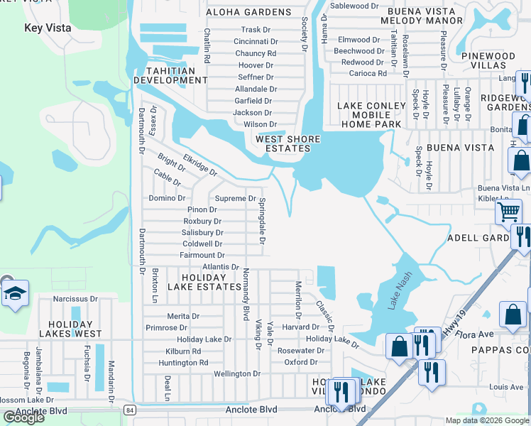 map of restaurants, bars, coffee shops, grocery stores, and more near 1700 Springdale Drive in Holiday