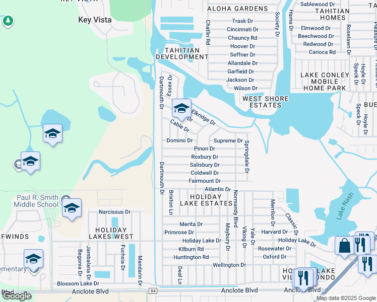 map of restaurants, bars, coffee shops, grocery stores, and more near 3136 Pinon Drive in Holiday