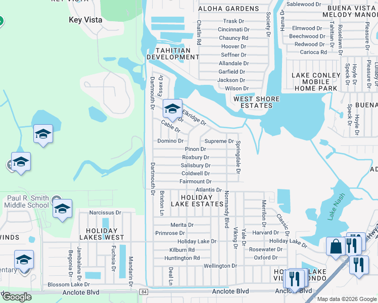 map of restaurants, bars, coffee shops, grocery stores, and more near 3206 Pinon Drive in Holiday