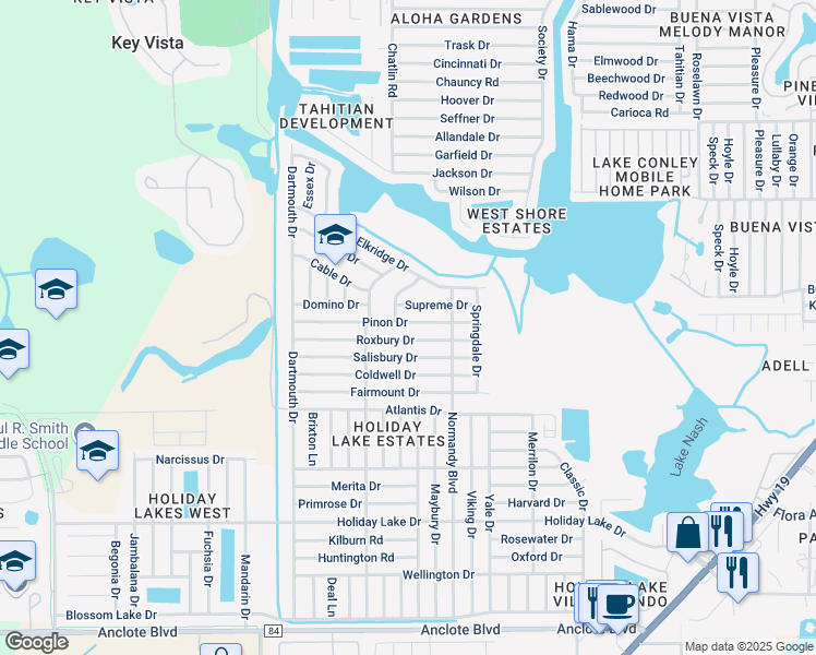 map of restaurants, bars, coffee shops, grocery stores, and more near 3304 Pinon Drive in Holiday