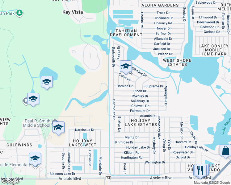 map of restaurants, bars, coffee shops, grocery stores, and more near 3022 Pinon Drive in Holiday