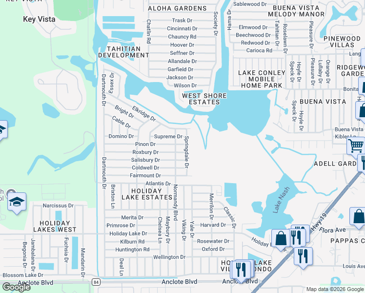 map of restaurants, bars, coffee shops, grocery stores, and more near 3426 Pinon Drive in Holiday