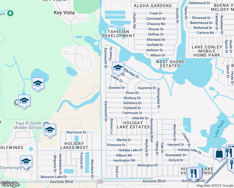 map of restaurants, bars, coffee shops, grocery stores, and more near 3110 Pinon Drive in Holiday