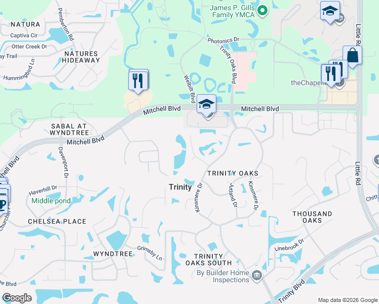 map of restaurants, bars, coffee shops, grocery stores, and more near 1673 Percheron Drive in Trinity