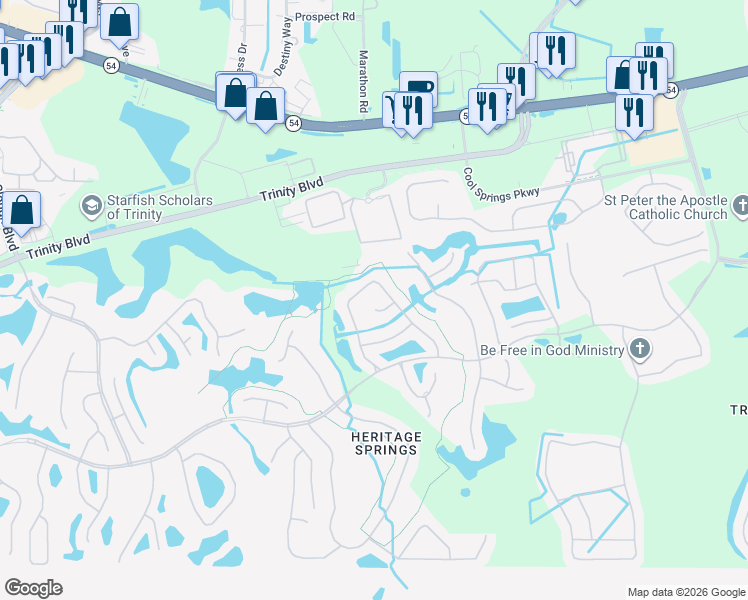 map of restaurants, bars, coffee shops, grocery stores, and more near 11751 Aintree Court in Trinity