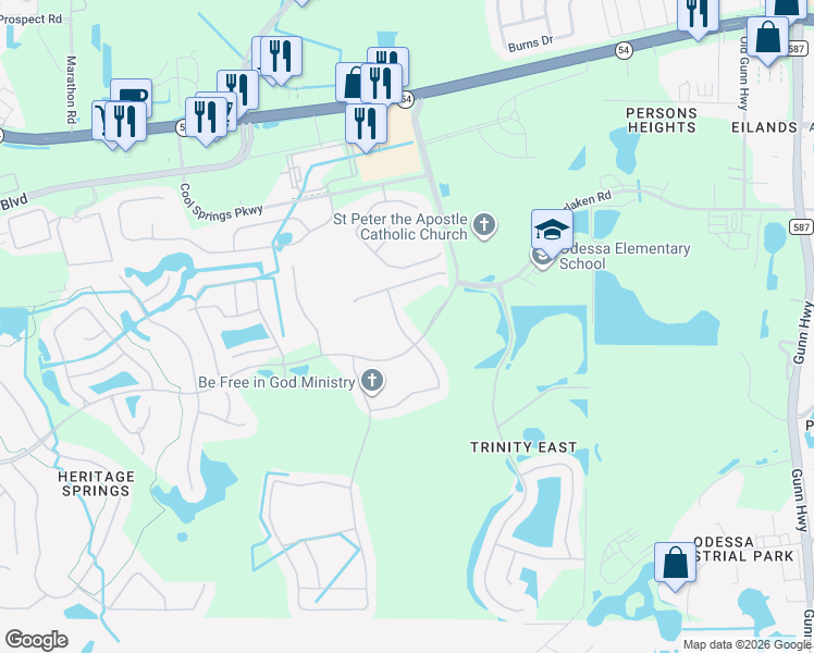 map of restaurants, bars, coffee shops, grocery stores, and more near 1716 Hadden Hall Place in Trinity