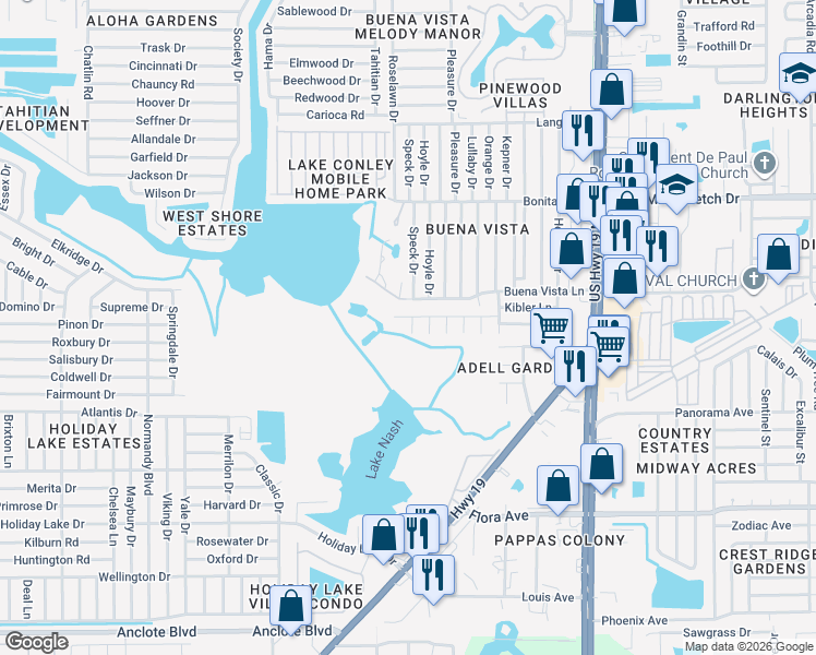 map of restaurants, bars, coffee shops, grocery stores, and more near 1701 Altus Lane in Holiday