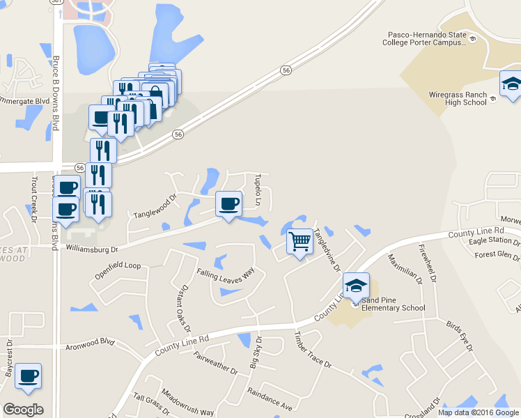 map of restaurants, bars, coffee shops, grocery stores, and more near 1826 Tupelo Lane in Zephyrhills