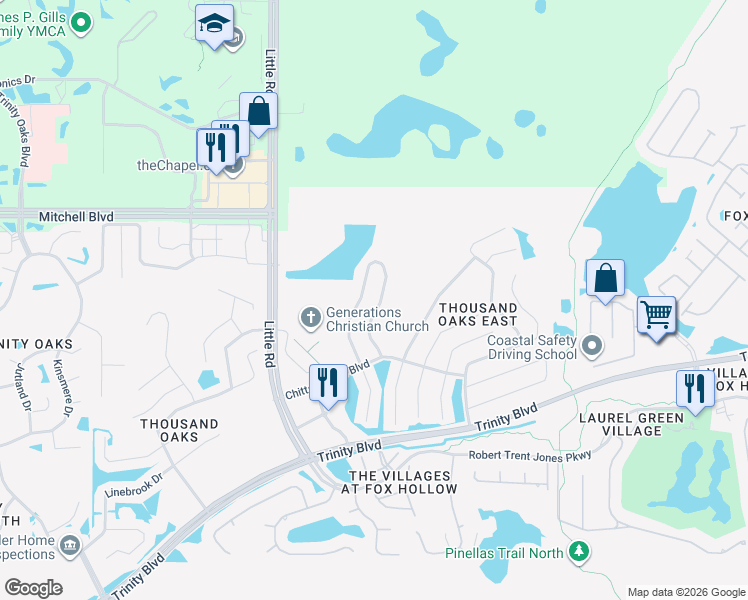 map of restaurants, bars, coffee shops, grocery stores, and more near 1746 Regal Mist Loop in Trinity