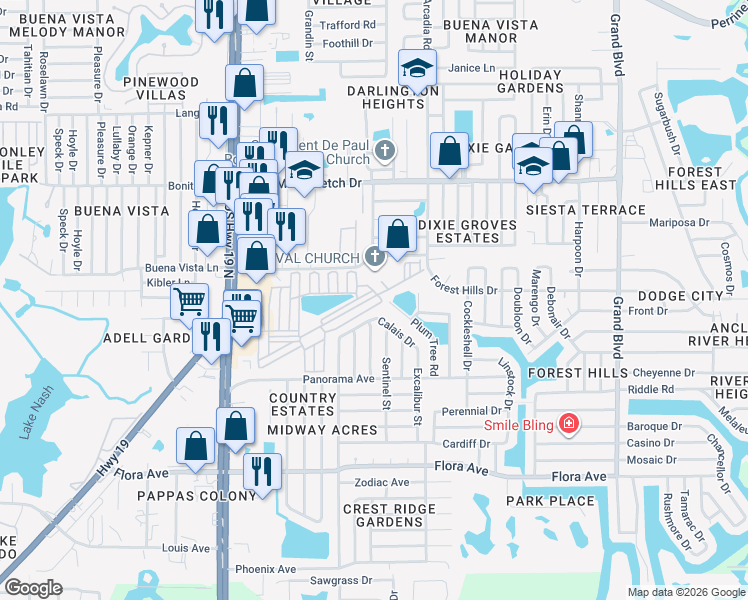 map of restaurants, bars, coffee shops, grocery stores, and more near 4700 Continental Drive in Holiday