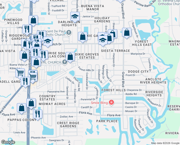 map of restaurants, bars, coffee shops, grocery stores, and more near 1651 Colmar Drive in Holiday