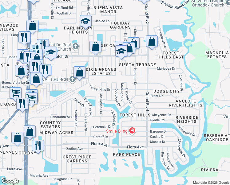 map of restaurants, bars, coffee shops, grocery stores, and more near 1653 Doubloon Drive in Holiday