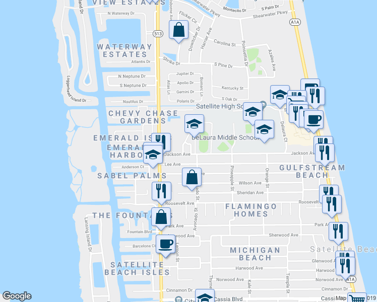 map of restaurants, bars, coffee shops, grocery stores, and more near 96 Village Street in Satellite Beach