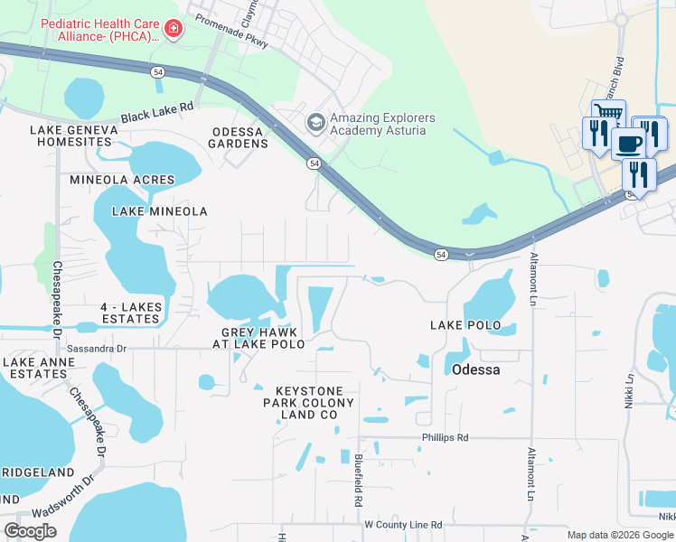 map of restaurants, bars, coffee shops, grocery stores, and more near 15149 Azra Drive in Odessa