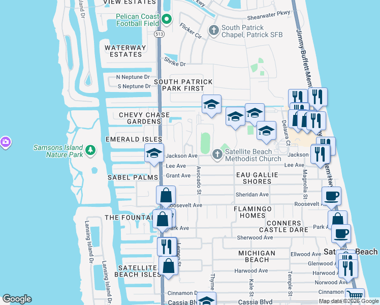 map of restaurants, bars, coffee shops, grocery stores, and more near 96 Village Street in Satellite Beach