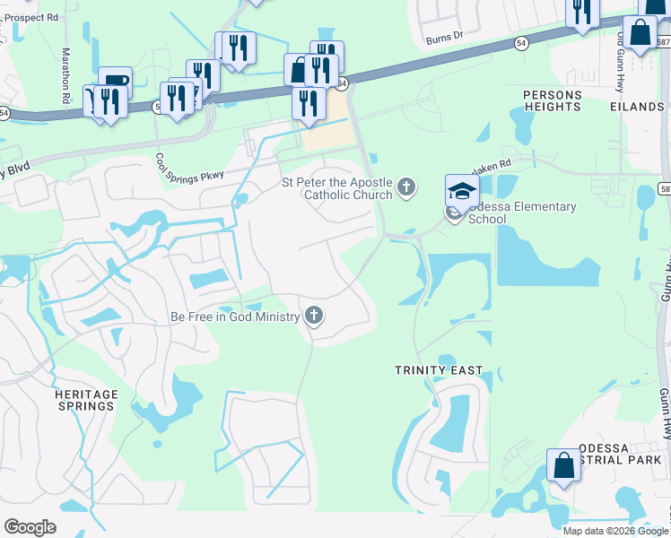 map of restaurants, bars, coffee shops, grocery stores, and more near Hadden Hall Place in Trinity