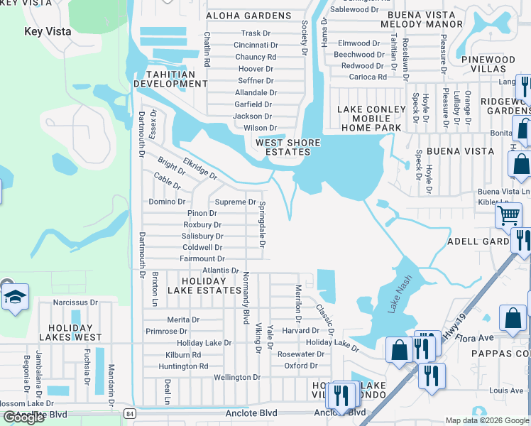 map of restaurants, bars, coffee shops, grocery stores, and more near 1700 Springdale Drive in Holiday
