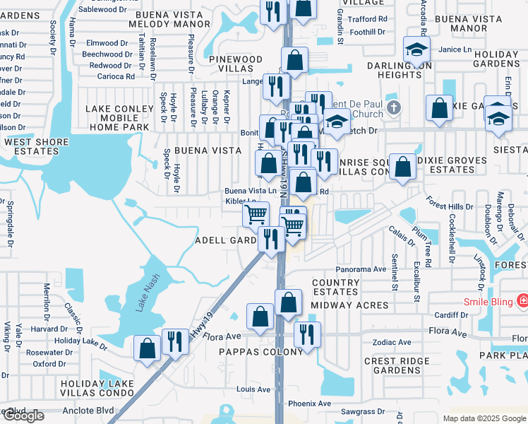 map of restaurants, bars, coffee shops, grocery stores, and more near 1702 Holiday Drive in Holiday