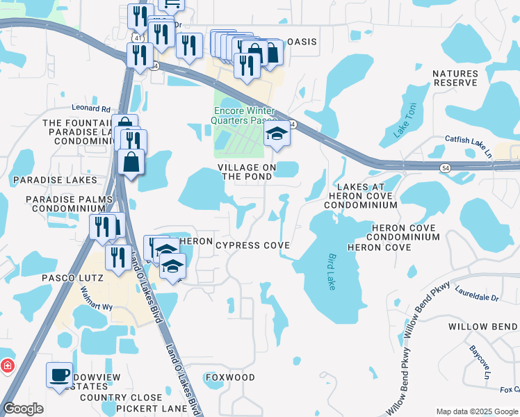 map of restaurants, bars, coffee shops, grocery stores, and more near 1807 Osprey Lane in Lutz