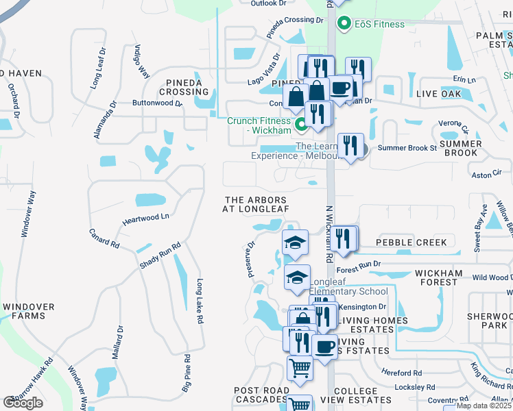 map of restaurants, bars, coffee shops, grocery stores, and more near 3169 Arden Circle in Melbourne
