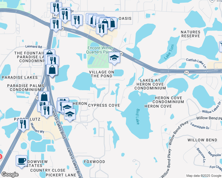 map of restaurants, bars, coffee shops, grocery stores, and more near 1807 Osprey Lane in Lutz