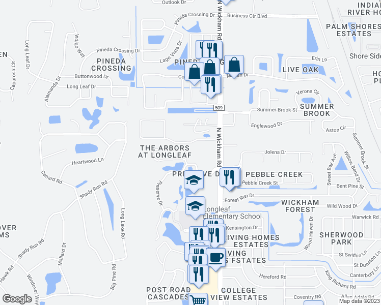 map of restaurants, bars, coffee shops, grocery stores, and more near 3116 Arden Circle in Melbourne