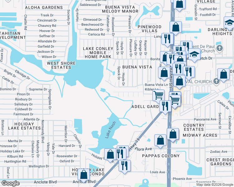 map of restaurants, bars, coffee shops, grocery stores, and more near 1701 Altus Lane in Holiday
