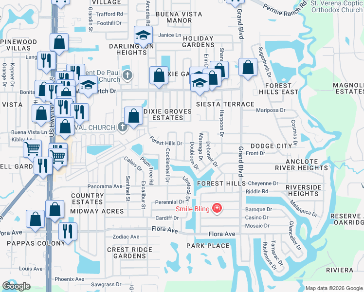map of restaurants, bars, coffee shops, grocery stores, and more near 1653 Doubloon Drive in Holiday