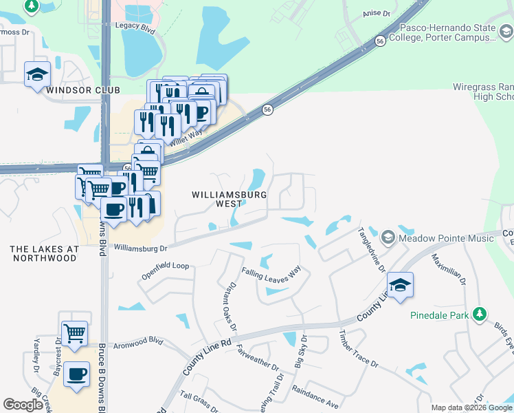 map of restaurants, bars, coffee shops, grocery stores, and more near 28545 Twinbrook Lane in Wesley Chapel