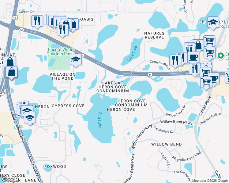 map of restaurants, bars, coffee shops, grocery stores, and more near 1711 Hammocks Avenue in Lutz