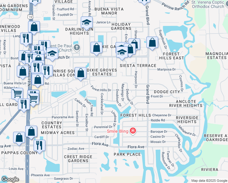 map of restaurants, bars, coffee shops, grocery stores, and more near 5204 Forest Hills Drive in Holiday