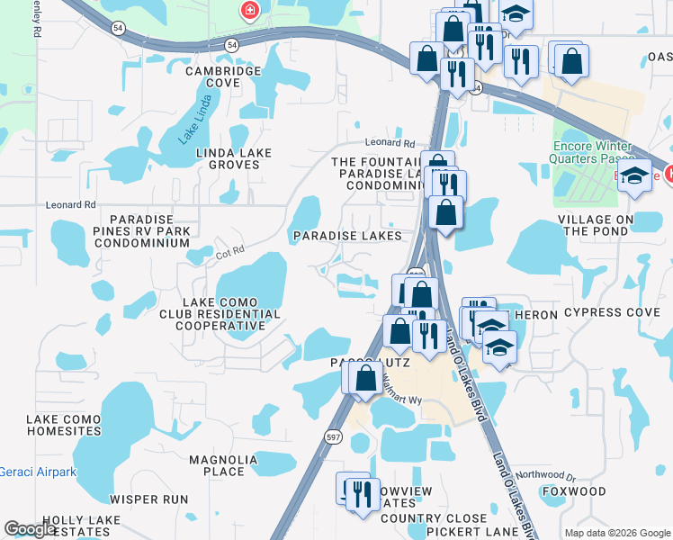 map of restaurants, bars, coffee shops, grocery stores, and more near 20817 Capocotta Crescent in Lutz