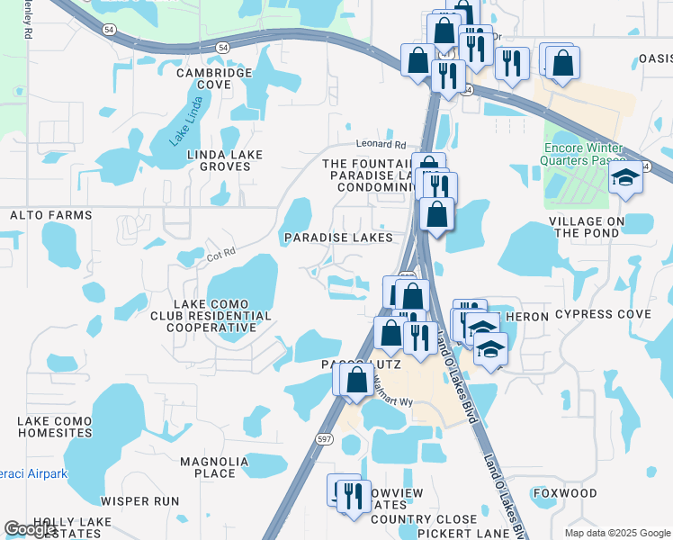 map of restaurants, bars, coffee shops, grocery stores, and more near 1853 Mazo Manor Road in Lutz