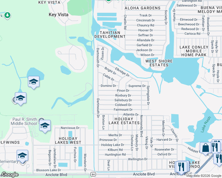 map of restaurants, bars, coffee shops, grocery stores, and more near 3125 Pinon Drive in Holiday